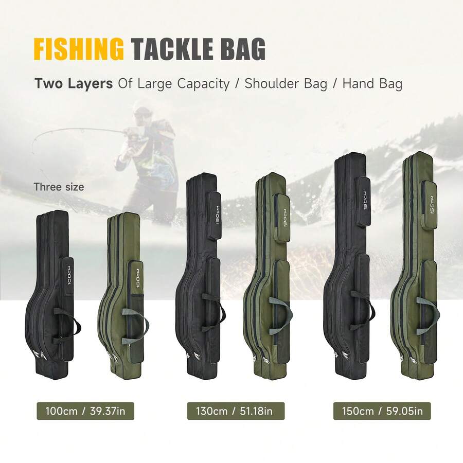 LEOFISHING 2-Layer Large Capacity Fishing Rod Bag, Waterproof Oxford Cloth Foldable Fishing Tackle Storage Case, Hand & Shoulder Carry Pole Bag Available In 100/130/150cm Sizes Green Black