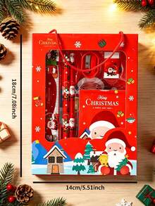 Christmas Gift Prize Portable 6-Piece Set, Cute Cartoon Pattern - Includes Pencil, Eraser, Pencil Sharpener, Sticky Notes, Ruler - Perfect Holiday Gift Box Packaging, Christmas Decoration - Holiday Gift Activity Competition Prize - Multicolor - View 7