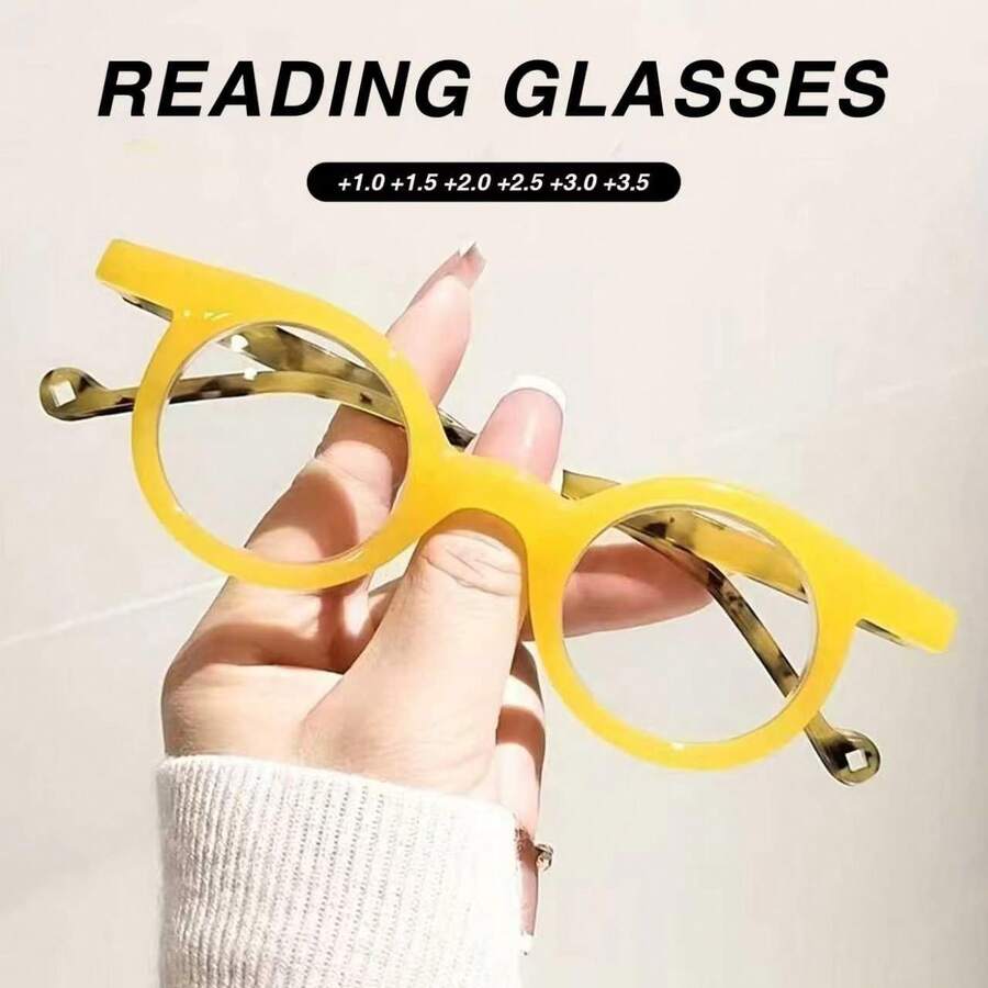 1pc Small Round Reading Glasses, Minimalist Solid Color Frame, Leopard Print Temple Design, With Comfortable Spring Hinges, Unisex - White - View 1