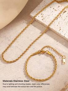 Stainless Steel Waterproof, Anti-Fading Gold Color Twisted Chain Necklace & Bracelet Set, Suitable For Women Everyday Wear - Yellow Gold - View 2