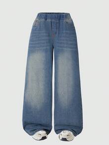 Quần jean denim ống đứng dáng rộng phong cách thời trang casual cho bé gái - Màu xanh lam - Xem 2