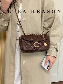 1pc Solid Color PU Leather New Women's Bag, Shoulder Bag, Crossbody Bag, Fashion Square Handbag, Quilted Chain Bag, Suitable For Commuting, Shopping, Dating - Coffee - View 3