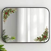 1pc Holiday Holly Berry Mirror Sticker, Double Corner Floral Leaf Frame Mirror Glass Decorative Decal - Multicolor - View 7