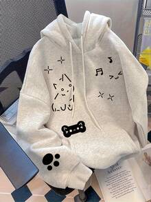 Cute Cat Expression Pattern Y2K Hoodie, Fall Clothes For Women, Back To School, Thermal Lined Warm - Light Grey - View 2