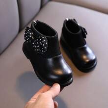 1 Pasang Sepatu Bot Pelajar Warna Polos, Desain Pita, Resleting Belakang PU, Sol Anti Selip dan Tahan Aus, Modis dan Hangat - Hitam - View 1
