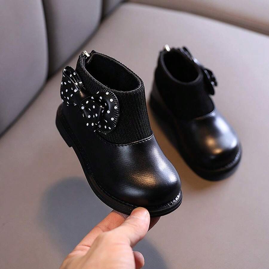 1 Pasang Sepatu Bot Pelajar Warna Polos, Desain Pita, Resleting Belakang PU, Sol Anti Selip dan Tahan Aus, Modis dan Hangat - Hitam - View 1