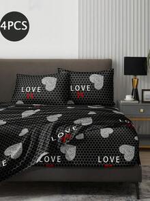 4pcs/Set Black & Silver Heart Polka Dot Bow Pattern Bedding Set, Easy Care Soft Bedding Set, Fitted Sheet Set (1 Flat Sheet + 1 Fitted Sheet + 2 Pillowcases) Fitted Sheet Set King/Queen/Full/Twin Size, Deep Pocket Up To 11.8 Inches - Multicolor - View 2