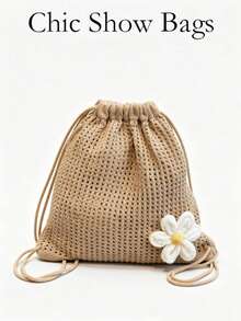Women's Crochet Drawstring Backpack,Knit Beach Bag,Casual Boho Daypack For Summer Travel Daily Large Capacity,School Bookbag,College University Campus - Khaki - View 2