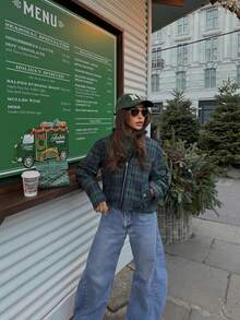 Women's Fashion Plaid Short Flight Jacket, Long Sleeve, Front Button Detail, Non-Stretch Fabric, Suitable For Winter - Green - View 4