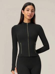 TimeOff Women's 1pc Solid Color Stand Collar Zipper Side Pocket Thumb Hole Jacket Coat, Autumn/Winter - Black - View 10