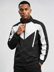 1 Piece Men's Spring & Fall Stand Collar Color‑Blocked Sports, Contrast Splicing Zip‑Up Jacket Casual Top - Black - View 1