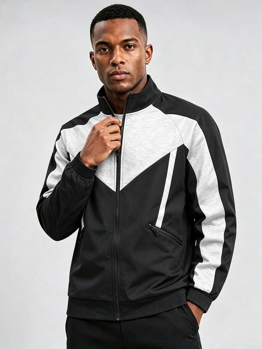 1 Piece Men's Spring & Fall Stand Collar Color‑Blocked Sports, Contrast Splicing Zip‑Up Jacket Casual Top - Black - View 1