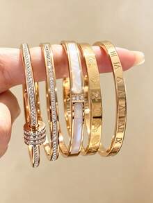 5pcs/Set Women's Open Bangles, Rotating Rhinestone, Shell Inlay, Ocean Embossed & Roman Numeral Design, Stackable Wrist Jewelry, Suitable For Daily Wear & Party - Gold - View 13