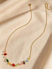 Women Rainbow Mixed Cut Glass Rhinestone Necklace, Dainty Colorful Imitation Gem Collarbone Chain For Daily Party Wear Jewelry - Multicolor - View 10