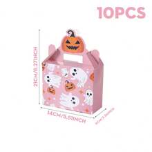 4/8/10/16/24pcs Halloween Paper Gift Boxes, Pink Happy Halloween Pumpkin & Ghost Pattern Rectangular Candy Boxes With Handles, Candy Cookie Snack Packaging Boxes, Suitable For Halloween Party Gifts, Trick Or Treat Supplies - Multicolor - View 10