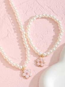 2pcs/Set Sweet Faux Pearl Flower Pendant Necklace Bracelet Cute Elegant Jewelry For Girls Daily Wear Party Vacation Birthday Gift Accessory - White - View 4