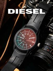 Diesel Armbar Series DZ1819 Men's Quartz Watch, Polarized Colorful Mirror Dial, 45mm Large Dial, Black Silicone Strap - Red Gradient - View 7