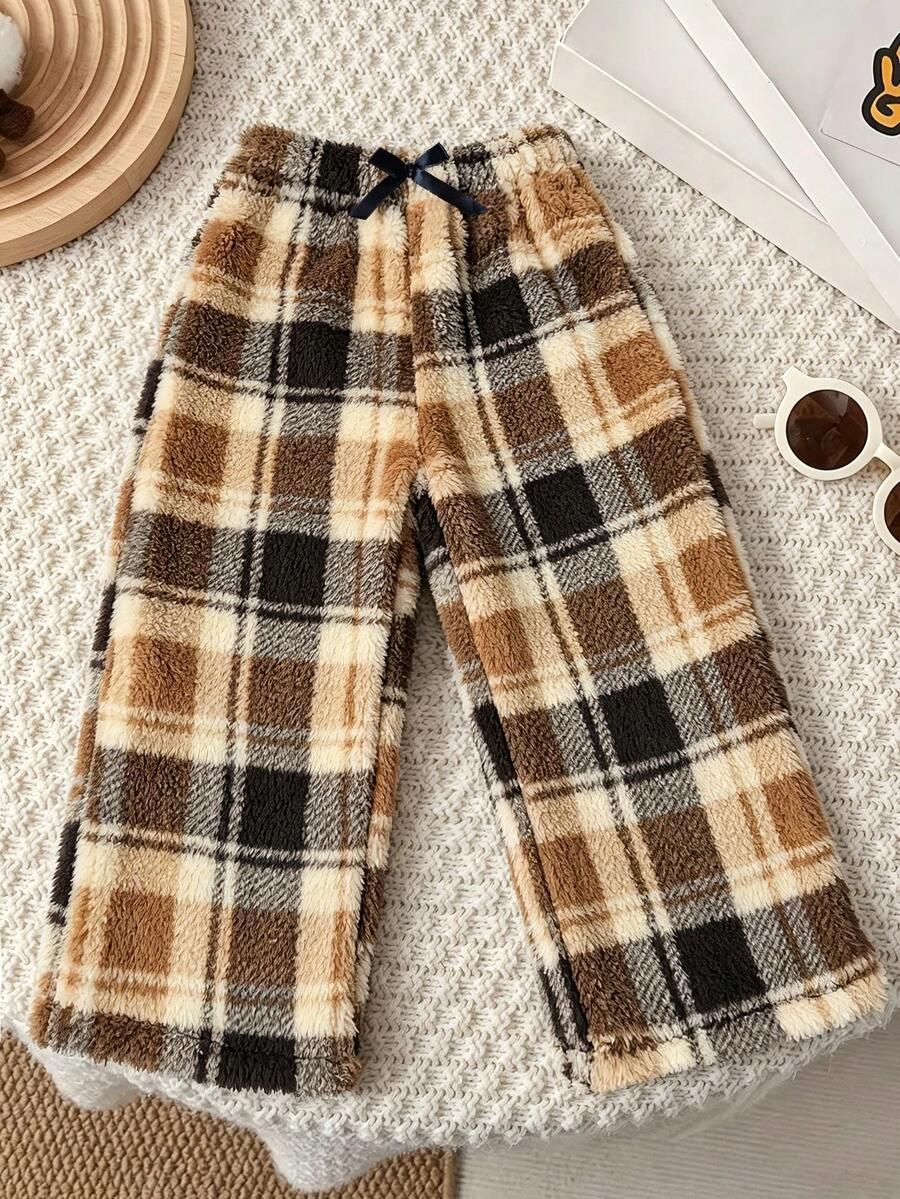 1pc Girls Toddler Casual Vintage Ins Style Classic Plaid Pattern Comfortable Soft Double-Sided Fleece Brown Long Pants, Suitable For Home/Outdoor Wear, Autumn/Winter - Brown - View 1