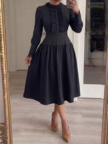 Solid Color Elegant Conservative Lace Patchwork Wedding Formal Evening Party Daily Commute Dress - Black - View 6