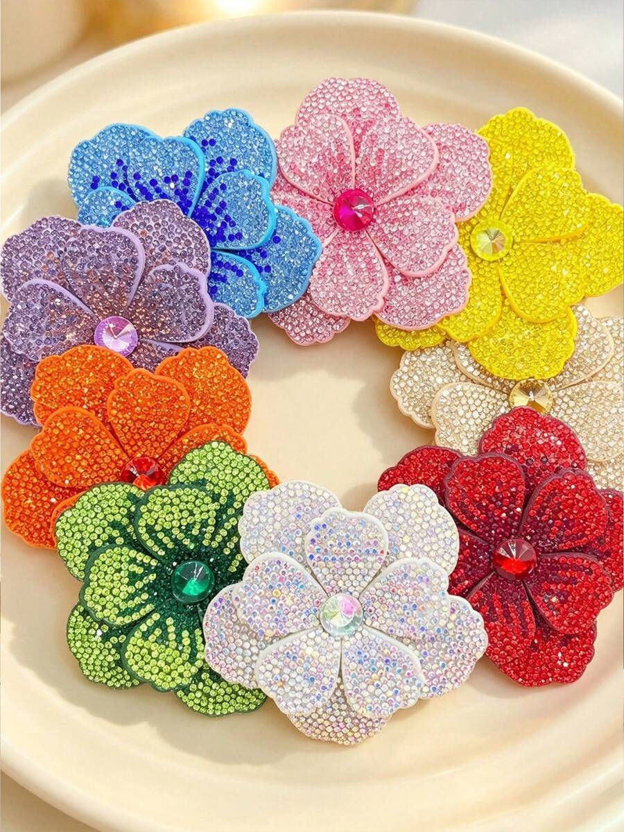 2/1pc Rhinestone Embellished Double Layer Five-Petal Flower Applique, Handmade Sew-On DIY Clothing Trim Accessory, Suitable For Shoes, Hats, Bags, Hair Accessories - Multicolor - View 1