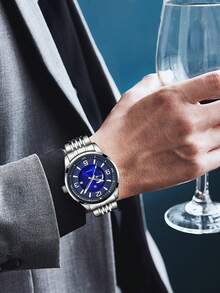 NSNEVER STOP NS Round Steel Band Business Casual Quartz Men's Wristwatch With Rotating Crown, Folding Clasp, Suitable For Daily Commute And Multiple Holiday Gift-Giving, Gift Box Included - Silver - View 3
