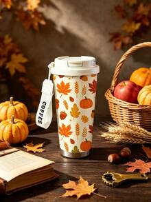 1pc/5pcs 500ml Thanksgiving Autumn Harvest Pattern Insulated Coffee Cup, With Carrying Strap, Reusable Travel Insulated Coffee Cup, Fashionable Drinking Cup, For Iced Coffee, Birthday Holiday Gift For Boyfriend, Pumpkin Maple Leaf Print, Couple Water Cup Suitable For Camping, Road Trips And Holiday Gifts - Multicolor - View 7
