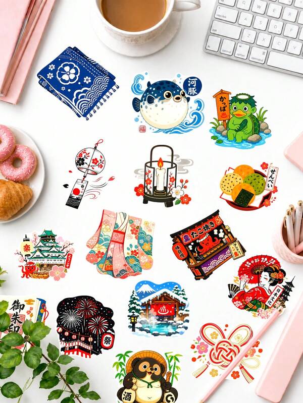 50Pcs Traditional Japanese Culture Stickers, Oriental Japan Style Decor Supplies, Folk Culture Food Festival Decals For Journaling, Scrapbooking, Planner DIY Craft Projects
