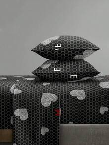 4pcs/Set Black & Silver Heart Polka Dot Bow Pattern Bedding Set, Easy Care Soft Bedding Set, Fitted Sheet Set (1 Flat Sheet + 1 Fitted Sheet + 2 Pillowcases) Fitted Sheet Set King/Queen/Full/Twin Size, Deep Pocket Up To 11.8 Inches - Multicolor - View 6