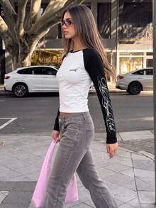 Y2K Colorblock Raglan Sleeve Short Long Sleeve T-Shirt For Women, Chest And Sleeve Letter Print Slim Fit Top, Autumn Daily Outing Back To School Campus Outfit - White - View 5