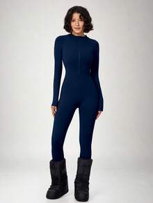 NcmRyu Women's 1pc Autumn/Winter Thermal Lined Solid Color Zipper Stand Collar Long Sleeve One-Piece Ski Suit - Navy Blue - View 8