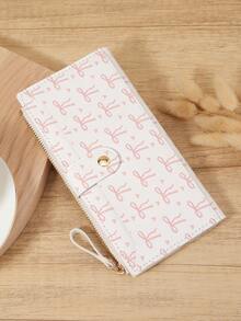 Fashionable Bow Print Long Wallet With Zipper And Buckle Fold Design, Suitable For Carrying Small Phones, Ideal For Outdoor And Travel - White - View 4