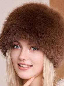 White Faux Fur Round Hat, Fluffy Plush Winter Headwear, Warm Outdoor Street Travel Accessory For Cold Weather - Multicolor - View 10