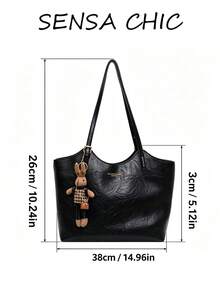 Textured Distressed Crinkled Tote Bag With U-Shaped Opening, Minimalist Letter Print Design, Adjustable Shoulder Strap, Large Casual Underarm Shoulder Bag For Daily Commute And Books, Paired With Cute Rabbit Plush Doll Charm - Black - View 2