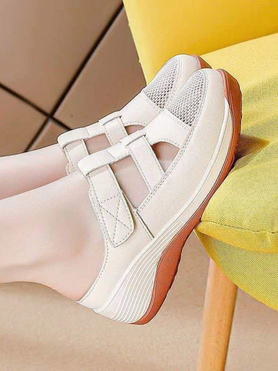 女款厚底一腳蹬鞋 2026 春/秋新款 軟底休閒坡跟鞋 媽媽鞋 - 米色 - 查看 1