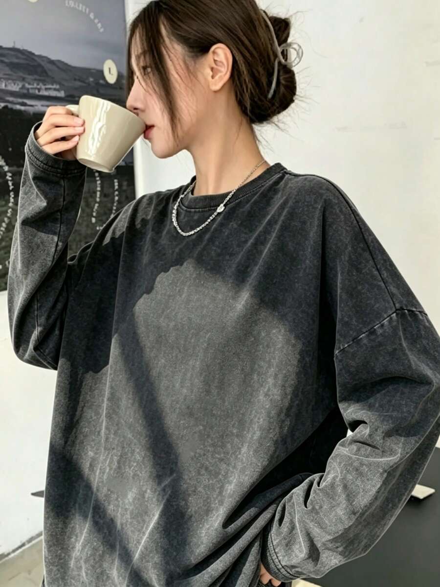 1pc Women's Vintage Washed Solid Color Long Sleeve T-Shirt, Autumn Casual Loose Fit Versatile Round Neck Top - Black - View 1