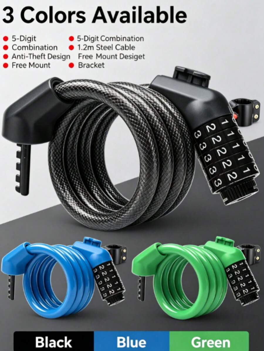 1pc Upgraded Bicycle Combination Cable Lock With Mounting Bracket, Flexible Spiral Steel Cable Design, High-Strength Steel Cable Material, Includes Mounting Bracket For Convenient Storage, Suitable For Daily Parking Theft Prevention - A - View 1