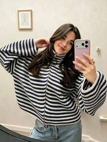 女款學院風撞色條紋拉鍊開襟針織外套，秋冬高領落肩針織毛衣，復古長袖休閒日常百搭毛衣，校園風 - 寶藍色 - 查看 2