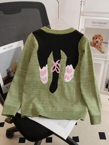 Tween Girls Cute Cat Pattern Round Neck Long Sleeve Knit Pullover Sweater, Suitable For Casual Daily Wear And Vacation, Spring, Autumn, Winter - Green - View 2