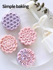 5pcs (1 Bucket With 4 Flower-Shaped Pcs) Geometric Flower Pastry Molds, ABS Plastic Hand-Pressed Mooncake Molds, Dates For Pastry Making Tools, Kitchen Baking Tools, Cookie Cutters. Maamoul Mold. Sweet Dessert-Making Tools - View 3