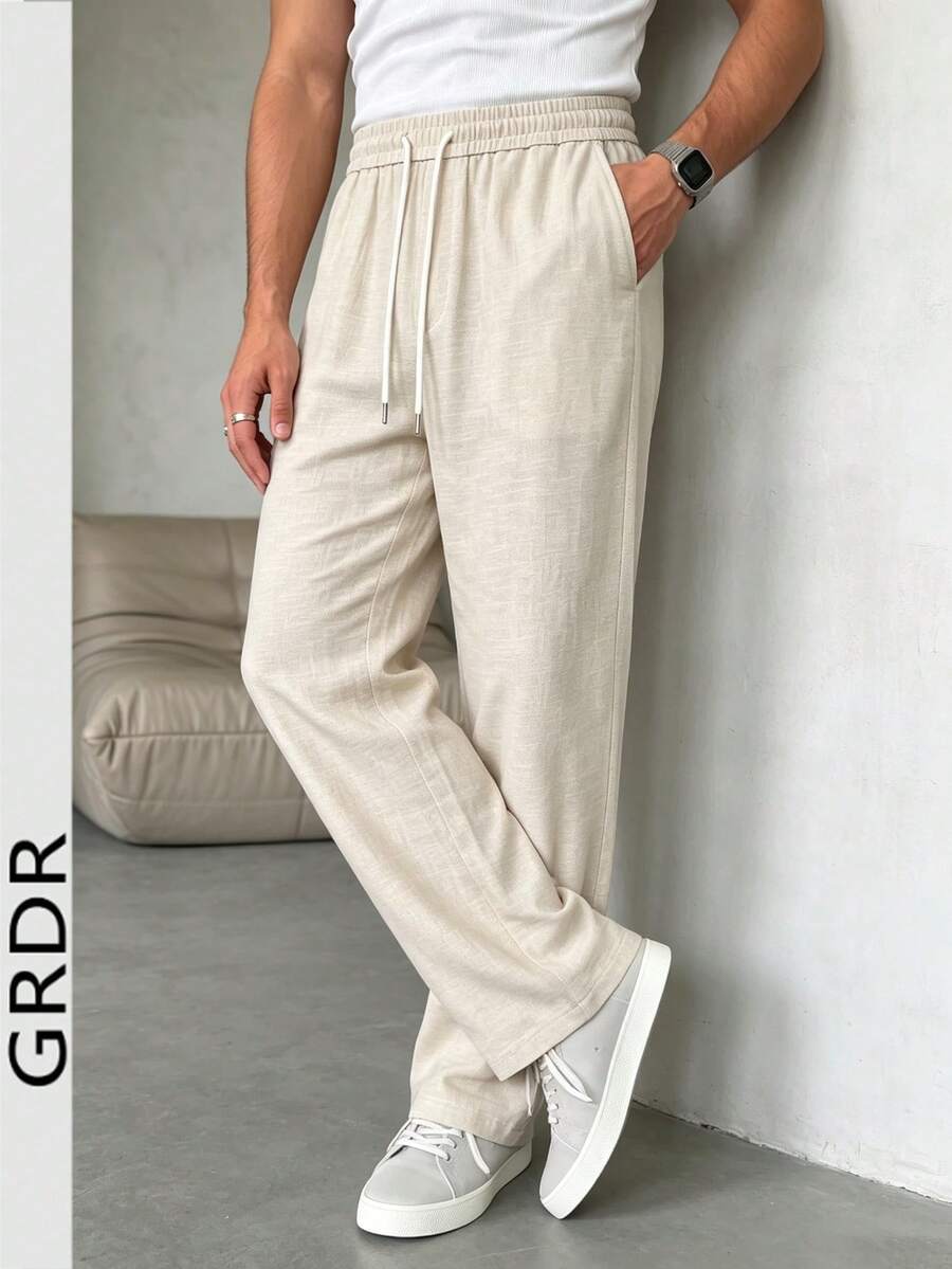 GRDR Apricot Elastic Waist Drawstring Casual Pants Men's Summer Lightweight Breathable Loose Drape Lazy Wide Leg Long Pants