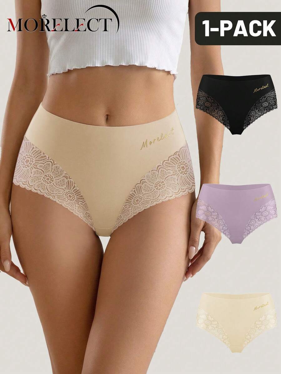 Morelect 3pcs Women's Mid-Waist Lace Patchwork Panties, Comfortable And Soft