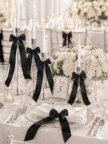 12pcs/Set Satin Ribbon Black Bow Decor, Black Self Adhesive Bow Candlestick Decor Gift Wrapping Bowknot Decorations Bows For Table For Candle-Holder Christamas Decor, Wrapping Home Party, Bridal Showers, Birthdays Centerpieces Table Decor - Black - View 2