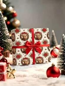 1 Roll Of Christmas Gift Wrapping Paper Featuring A Highland Cow Pattern With Santa Hats; Perfect For Christmas Gift Wrapping,Holiday Party Decor,Home Festive Decoration,DIY Craft,Festive Favour Wrapping Dimensions: 43 Cm X 300 Cm. - A - View 2