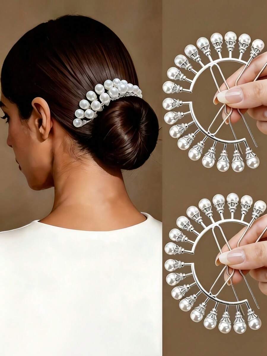2 Packs Vintage U-Shaped Pearl Hair Clips, Floral Hair Accessories, Suitable For Daily Hairstyles, Festivals, Performance Costumes, Wedding Headwear. - Silver - View 1