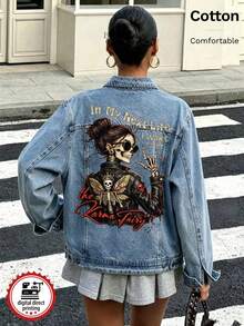 Women's Denim Jacket, Skull Graphic White Ink Direct-To-Garment Print, Vintage Washed Loose Fit Denim Jacket - Light Denim Blue - View 4