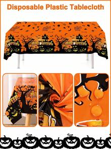 1pc Orange Halloween Table Cover 220x130cm Scary Haunted House Disposable Table Cloth Halloween Table Decor Trick Or Treat Halloween Party Supplies - Multicolor - View 11