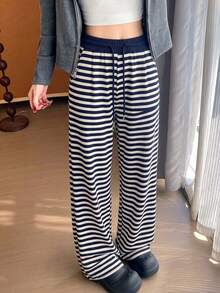 Casual Fashion Versatile Striped Drawstring Loose Fit Women's Long Pants, New Autumn/Winter Style, Suitable For Daily Commute - Blue - View 4