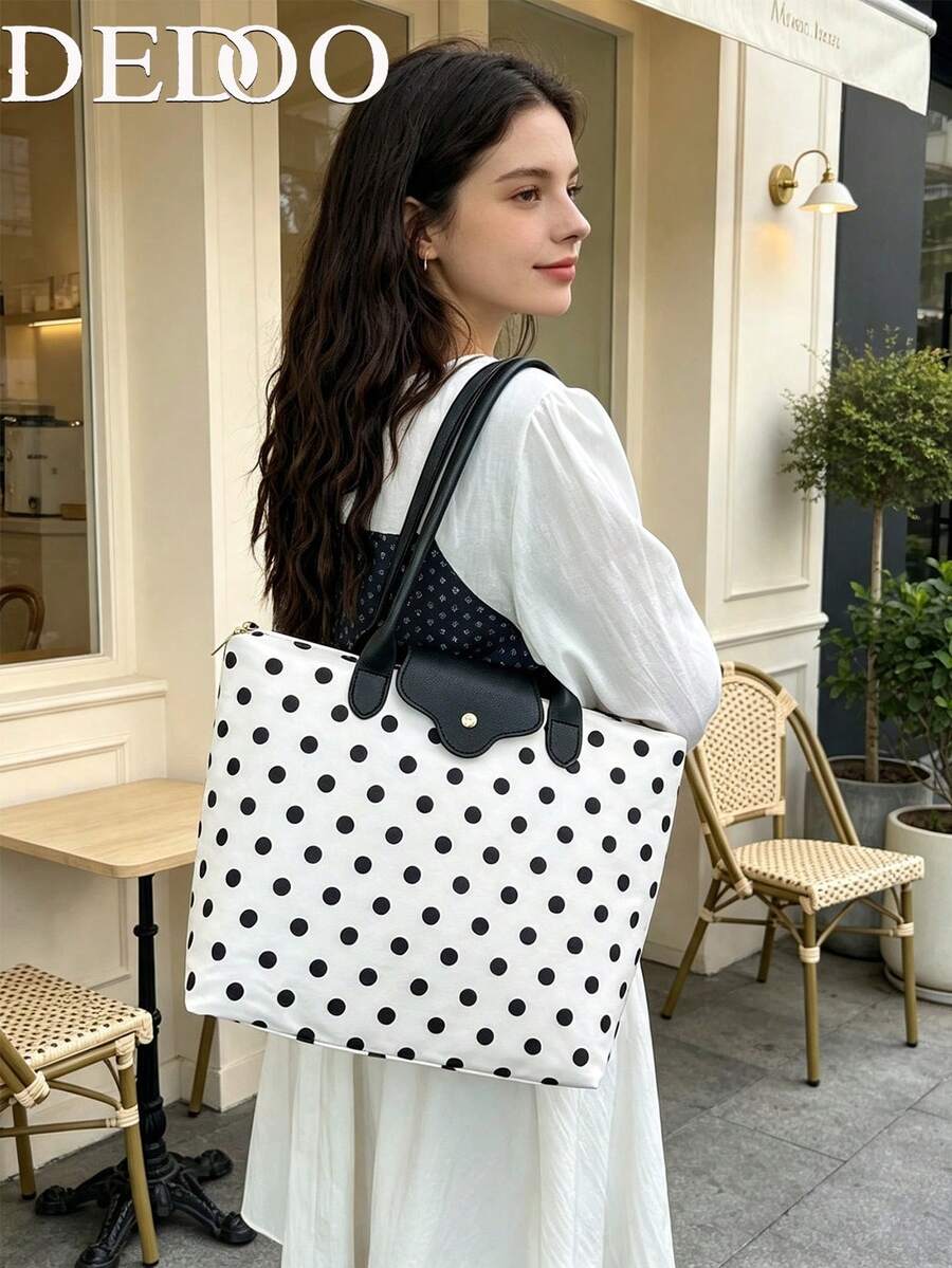 Dedoo Polka Dot Pattern,Women Tote Bag,Flip Snap Zipper Design,Large Capacity,Minimalist Commute Style,Travel For Ladies Students