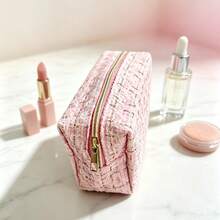 1pc Large Capacity Pink Plaid Polyester Fabric Zipper Makeup Bag, Multi-Functional Storage Pouch For Lipstick, Coins, Cosmetics, Pens, Portable Travel Home Organizer, Valentine's Day Gift For Women - Multicolor - View 7