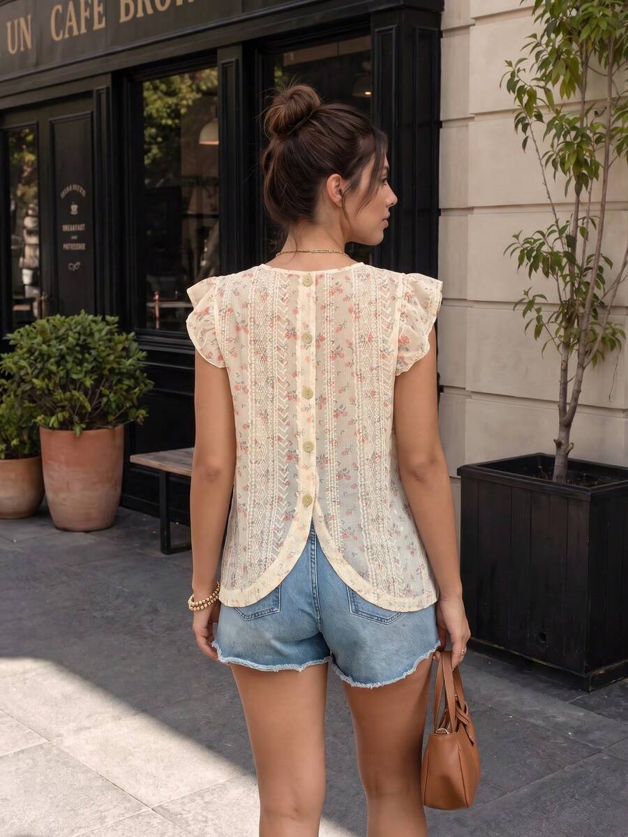 Plus Size French Country Style Semi-Sheer Blouse, Floral Print Lace Patchwork, Back Tie Design, Ruffle Cuffs Summer - Multicolor - View 1